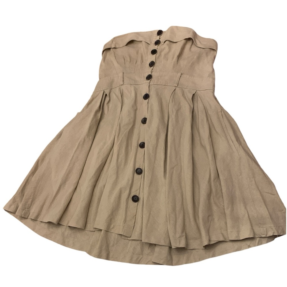 Vintage 100% Linen tan strapless mini dress pockets large elastic back